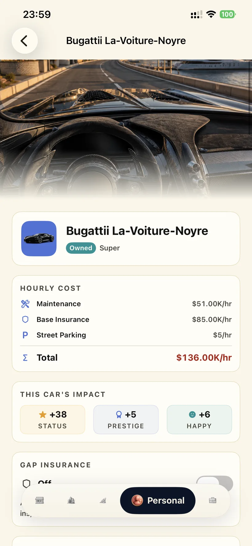 A hypercar shown from the driver's seat on its detail screen